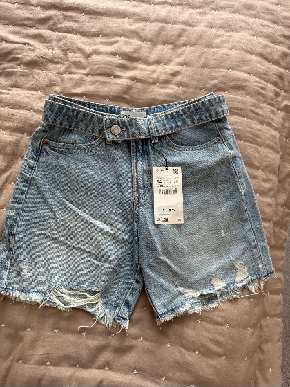 Zara Washed Blue Distressed High-Rise Denim Shorts